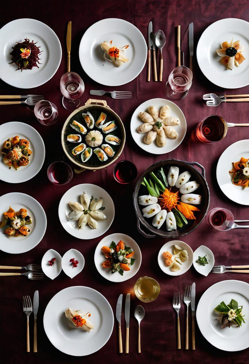 A beautiful dining table set with an array of Asian dishes like sushi, dumplings, and stir-fries, accompanied by various wines in elegant glasses. Soft, warm lighting highlights the textures and colors of the food and wine, creating an inviting atmosphere. Include subtle natural elements like bamboo and orchids to enhance the Asian theme. A stylish wine pairing chart can subtly blend into the background. super-realistic. vibrant colors. elegant aesthetic.