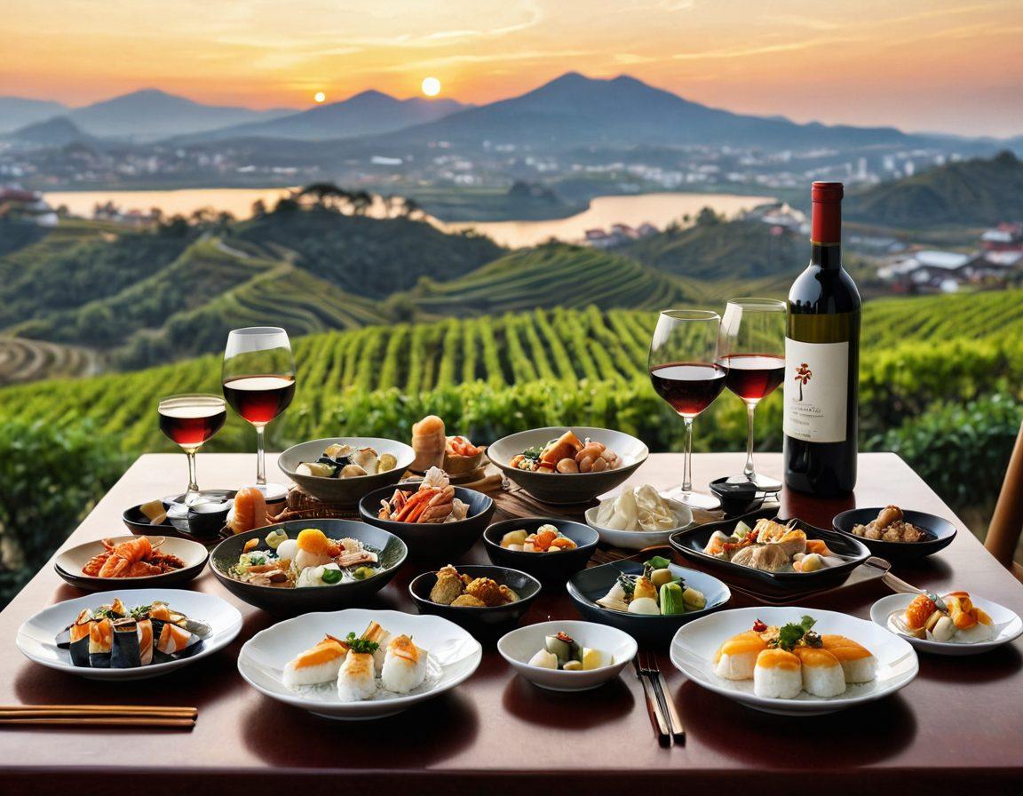 A beautifully arranged table setting showcasing various Asian wines in elegant glasses, surrounded by diverse Asian cuisines such as sushi, dim sum, and spicy noodles. The background features an artistic representation of Asian landscapes like rice terraces and vineyards. Soft, warm lighting enhances the inviting atmosphere for a wine tasting experience. super-realistic. vibrant colors. elegant composition.