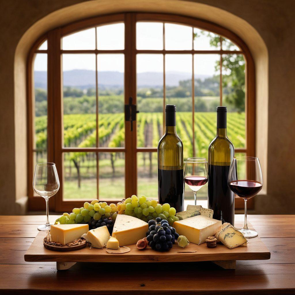 A beautifully arranged wine tasting setup featuring an elegant wooden table adorned with various wine bottles, crystal glasses, and a cheese platter. Soft ambient lighting enhances the atmosphere, while a large window reveals a vineyard landscape in the background. Include hints of grapevines and rustic decor to evoke a sense of sophistication and relaxation. super-realistic. warm colors. inviting ambiance.
